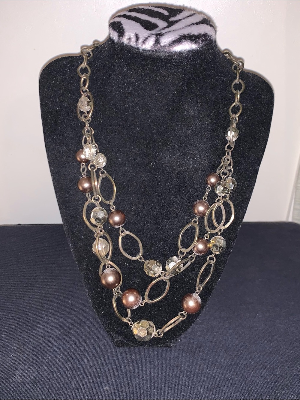 Layered Bronze Pearl & Crystal Statement Necklace